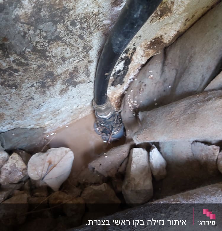 צינור שחור דולף בין אבנים עם מים על הקרקע